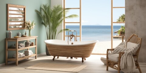 Design a beach-inspired bathroom with blue and white striped wallpaper, a claw foot tub, and driftwood accents. AI Generative