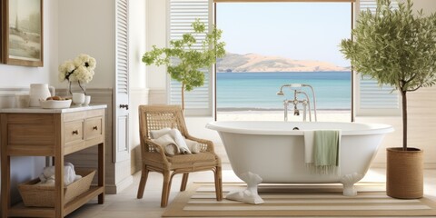 Design a beach-inspired bathroom with blue and white striped wallpaper, a claw foot tub, and driftwood accents. AI Generative