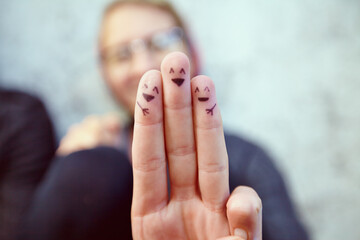 Fingers, smiley and happy drawing of family, woman and symbol or emoji, sign and icon or fun art....