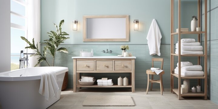Design a beach-inspired bathroom with white subway tiles, sea glass accents, and a driftwood vanity. AI Generative