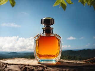 Perfume bottle on a tree trunk with sky background