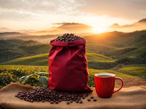 a red mug beside a coffee bean container, with a sack of beans in nature