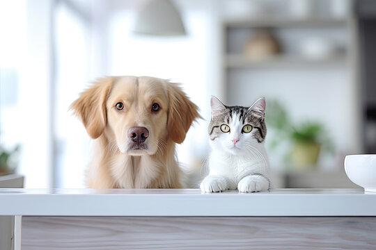 Cat And Dog Sitting At The Table And Waiting For Food