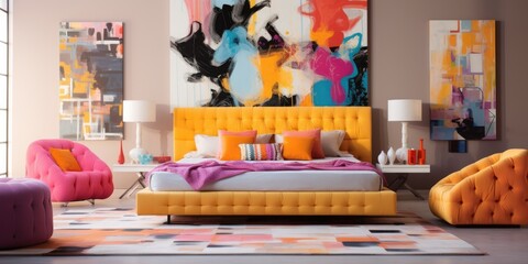 Design a bold and colorful bedroom with a statement headboard, bright bedding, and playful accents. AI Generative
