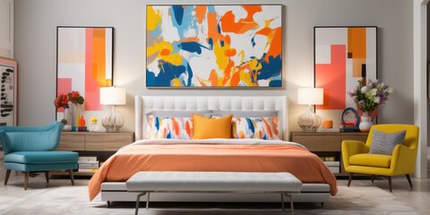 Design a bold and colorful bedroom with a statement headboard, bright bedding, and playful accents. AI Generative