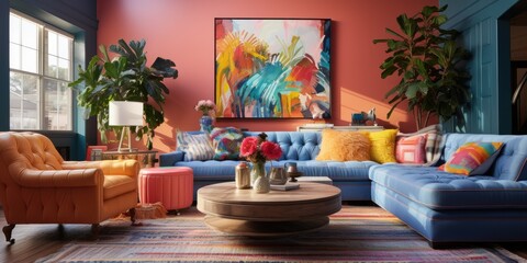 Fototapeta na wymiar Design a colorful and eclectic living room with a mix of patterns and textures. AI Generative