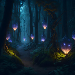 Fantasy lights in the dark forest

