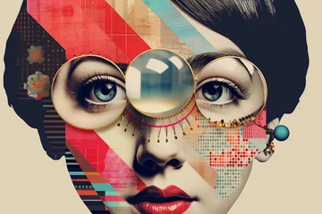 Zelfklevend Fotobehang Abstract fine-art and pop-art illustration colorful collage of woman with surreal and abstract binoculars. Surreal and minimalist looking illustrative art with many details and patterns © Rytis