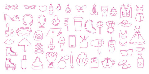 barbicore set elements pink line doodle doll