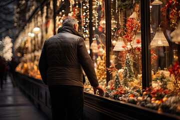 a man looking at christmas decorations in a store window with his back to the camera as he walks down the street