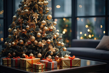 a christmas tree with gold and silver ornaments on it's branches in front of a living room decorated for the holidays