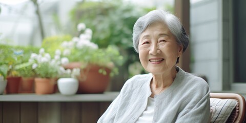 Chinese granny sitting on a chair in the house with a kind smile, generative AI - obrazy, fototapety, plakaty
