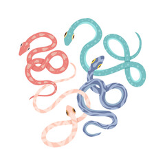 Vector illustration with cartoon tangled snakes. Colorful clipart with pink and blue predatory cobras. Reptile image