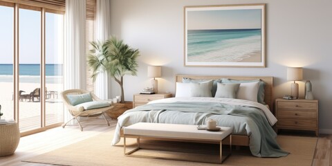 Design a modern coastal bedroom with a platform bed, ocean-inspired artwork, and a woven jute rug. AI Generative
