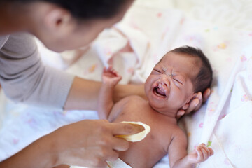 Newborn, crying and cleft palate with cleaning, mom and bed with parent, sick and frustrated....