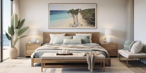Design a modern coastal bedroom with a platform bed, ocean-inspired artwork, and a woven jute rug. AI Generative