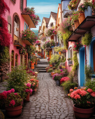Fototapeta na wymiar An ancient old town filled with flowers