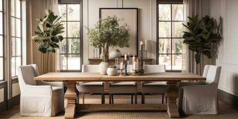 Fototapeta na wymiar Design a modern farmhouse dining room with a reclaimed wood table, linen slip covered chairs, and a statement light fixture. AI Generative