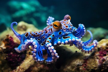 Blue ringed octopus in natural ocean environment. Wildlife photography - obrazy, fototapety, plakaty