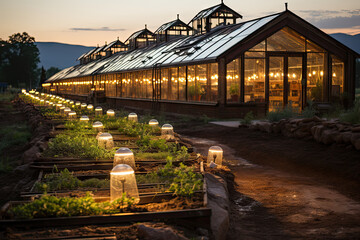a greenhouse at night with lights on the roof and plants growing in rows along the walkway leading up to it - Powered by Adobe