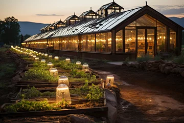 Foto op Plexiglas a greenhouse at night with lights on the roof and plants growing in rows along the walkway leading up to it © Golib Tolibov