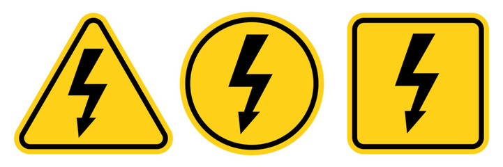 High Voltage Sign. Danger symbol. Black arrow isolated in yellow triangle on white background. Warning icon. Vector illustration	