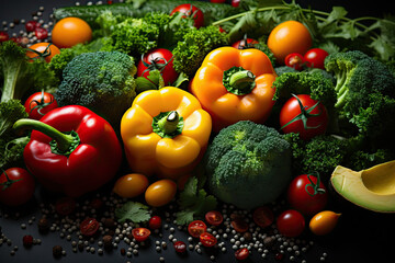 some vegetables and fruits on a black surface with peppers, peppers, tomatoes, broccoles, and avocals