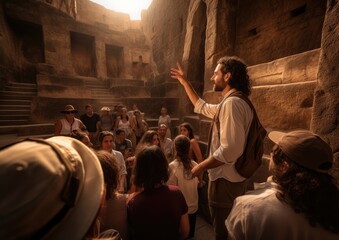 A guide giving a passionate speech to a group of tourists in front of a historical monument