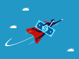 Recover from the financial crisis. Businessman hero holding banknotes flying in the sky. Vector