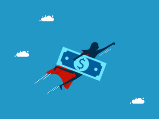 Recover from the financial crisis. Businesswoman hero holding banknotes flying in the sky. Vector