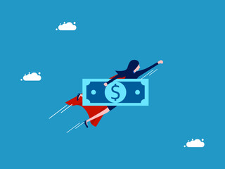 Recover from financial and investment crises. Businesswoman hero holding banknotes flying in the sky. Vector