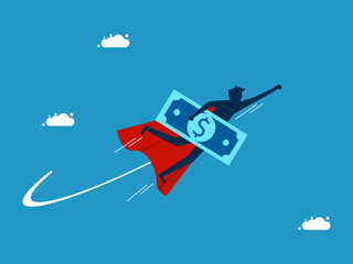 Recover from financial and investment crises. Businessman hero holding banknotes flying in the sky. Vector