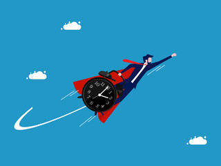 Recover the time crisis. Businessman hero holding a watch flies in the sky. Vector