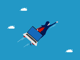 Computer system recovery. Businesswoman hero holds laptop and flies in the sky. Vector