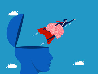 Return memories. Businessman hero holding a brain flying out of his head. Vector