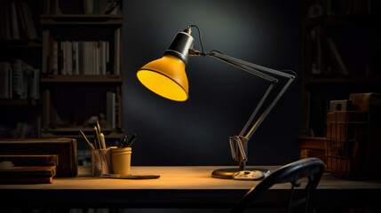 A shot of a desk lamp, with a soft yellow light shining on the papers