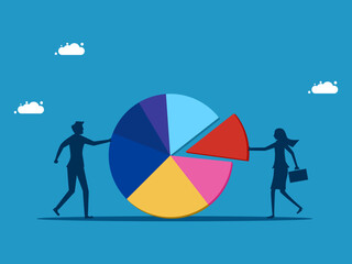 Plan to balance market share. Two businessmen make pie charts to optimize balance. vector