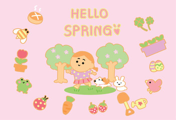 Digital art spring season and icon set ,lovely cartoon style.