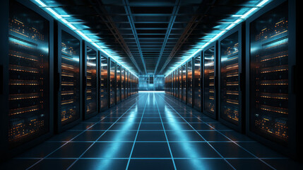 A shot of a massive server room, with rows of servers - obrazy, fototapety, plakaty