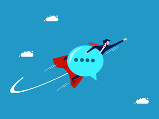 Businessman hero holding a speech bubble flying in the sky. Vector illustration