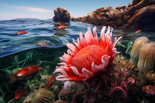 red waratah anemone in ocean natural environment. Ocean nature photography