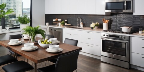 Design a sleek and modern kitchen with stainless steel appliances, white cabinets, and a bold back...