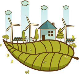 Illustration of eco earth with of wind turbine, bike , solar cell ,house, and trees. Background for save earth day. Environmental, ecology, nature protection and pollution concept.