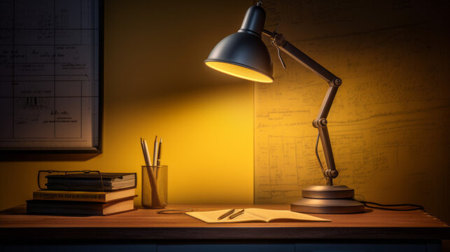 A shot of a desk lamp, with a soft yellow light shining on the papers