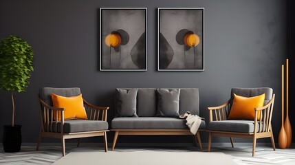 a gray living room with an orange couch in the middle, in the style of minimalistic abstract compositions