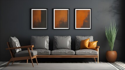 a gray living room with an orange couch in the middle, in the style of minimalistic abstract compositions