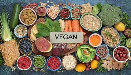 Large vegan health food collection with foods hgh in protein, vitamins, minerals, anthocyanins, antioxidants, fibre, omega 3 and smart carbs. Healthy ethical eating concept