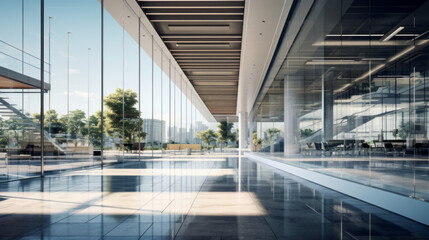 A shot of a modern office building, with a glass atrium and sleek metal accents - obrazy, fototapety, plakaty