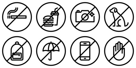 Set of prohibition line signs. No smoking, food and drinks, flash, animal, backpack, umbrella, phone outline icons isolated on white background. Do not touch symbol in linear style. Vector graphics