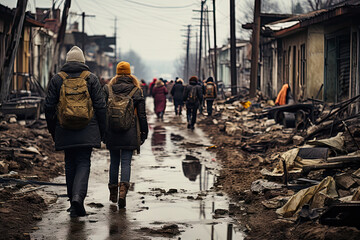 two people walking down a street in the middle of an area with debris all over it and buildings on both sides